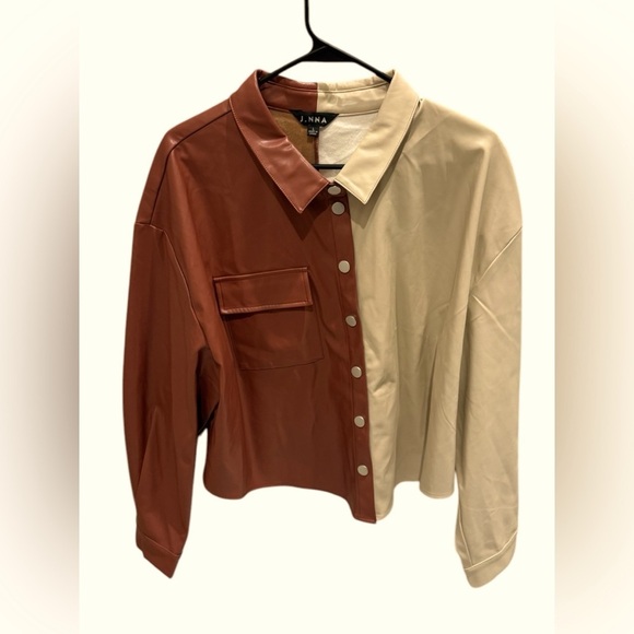 J.NNA Camel Combo Colorblock Faux Leather Shacket Y2K Size Large - Picture 1 of 3